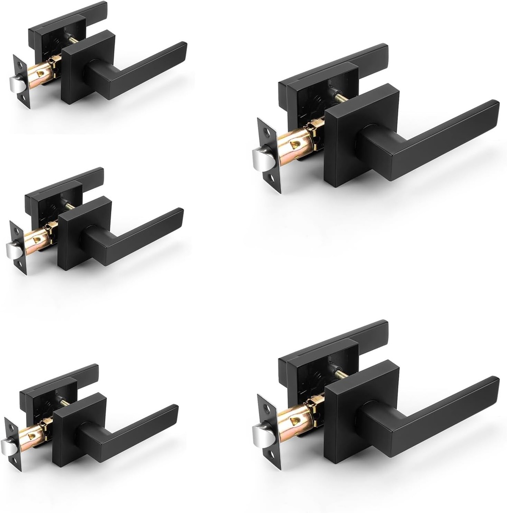 Probrico Interior Black Door Handle, Heavy Duty, Flat Square Passage Door Handles, Keyless Door Levers Lockset for Closet and Hallway (5 Pack, Modern)