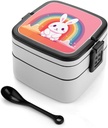 Rabbit And Rainbow Bento Box for Adults Double Layer Lunch Box with Spoon And Invisible Handle Microwave Dishwasher Safe Leak Proof Meal Prep Lunch Containers for Office Picnic