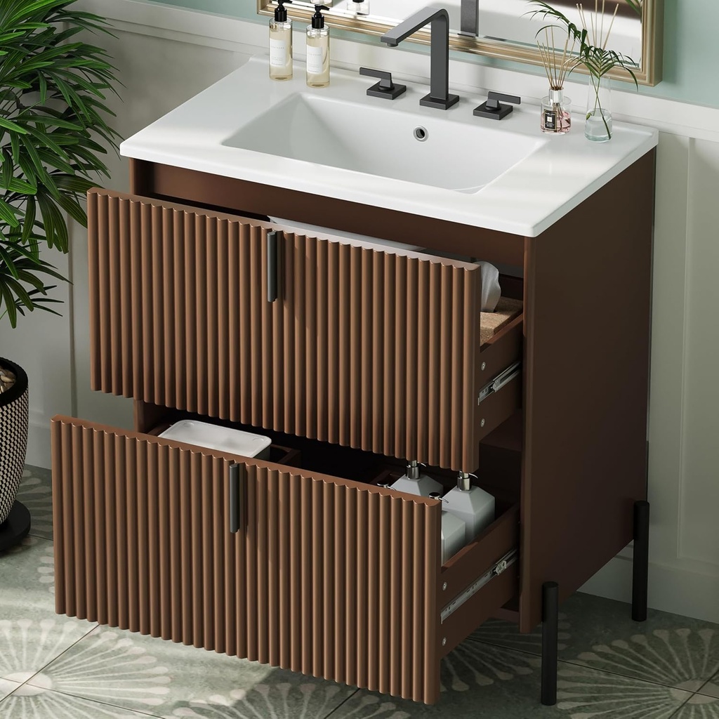 Merax 30" Freestanding Bathroom Vanity with Ceramic Sink, Equipped with Vertical Pulls, Full-Extension Drawers, Soft Close Drawer Slides, Fluted Design, Brown