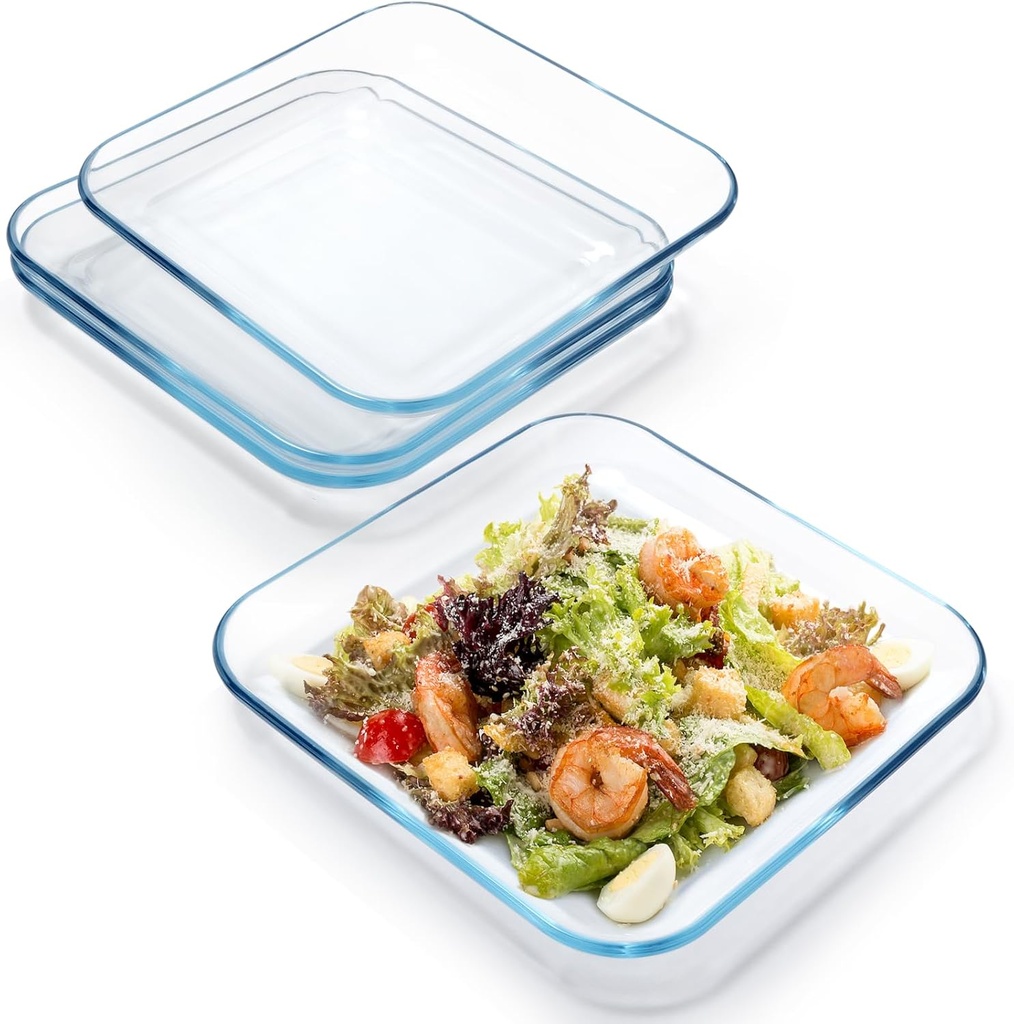 NUTRIUPS 4 Pack Glass Salad Plates, Tempered Glass Dinner Plate Set For Kitchen, Square Glass Serving Plates, Dishwasher & Microwave Safe (10" (Set of 4))