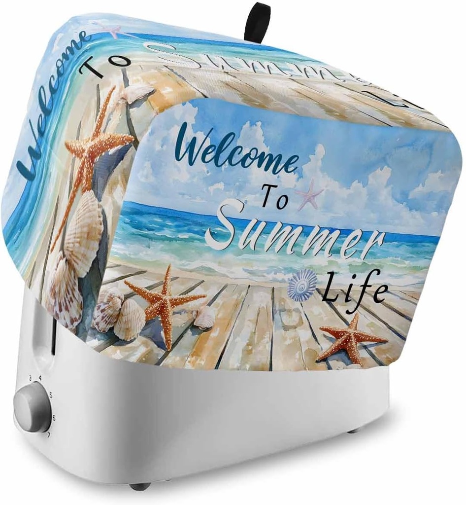 Coastal Beach Toaster Cover 2 Slice, Summer Ocean Wave Starfish Shell Plank Dustproof Bread Machine Oven Cover with Storage Pockets, Fits Most Kitchen Toasters Protector