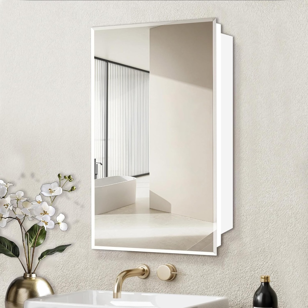 Medicine Cabinet with Mirror 16x26 inch, Recessed Medicine Cabinet or Surface Wall Mount Plastic Bathroom Cabinets with Removable Shelves, Beveled Edge Mirror Cabinet