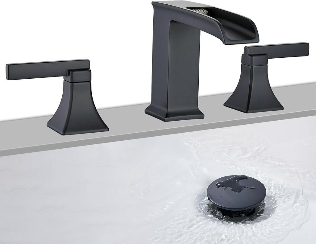 Black Waterfall Bathroom Faucet 3 Hole, Sanliv 8 or 4 Inch Widespread Bathroom Sink Faucets, Modern Vanity Faucet 3 Holes with Pop Up Drain and Supply Lines, ‎Matte Black