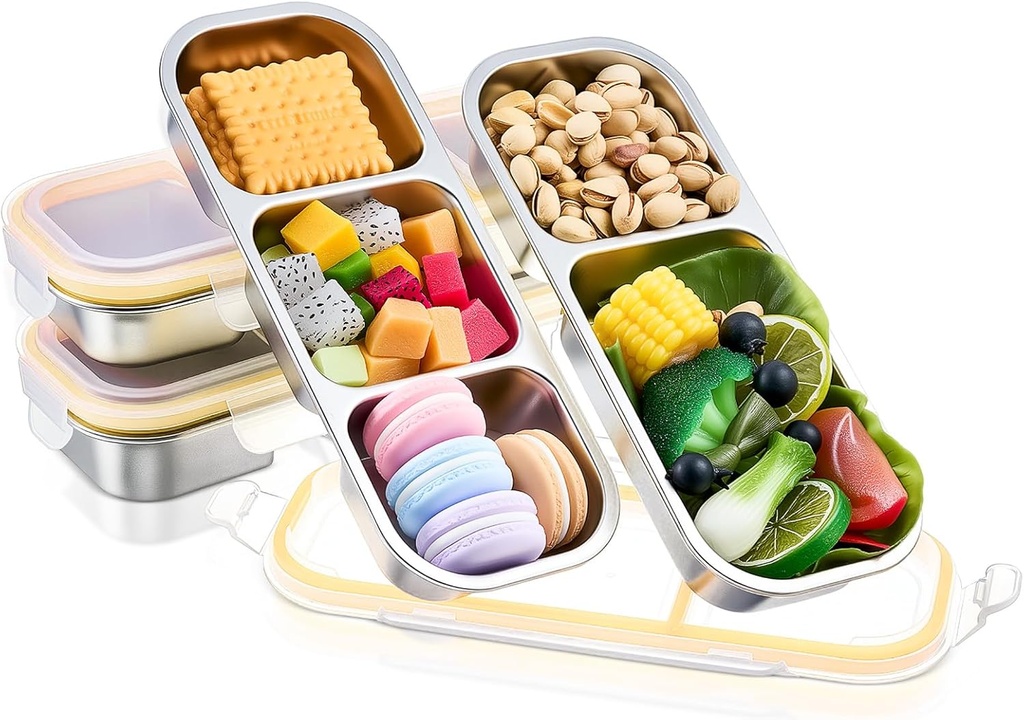 4 Pcs 304 Stainless Steel Lunch Containers Bento Boxes 38oz Salad Multipurpose with 3 and 2 Compartments Reusable Large Box with Lids Divided Containers for Snack Dip Sandwiches Outdoor Travel(Yellow)