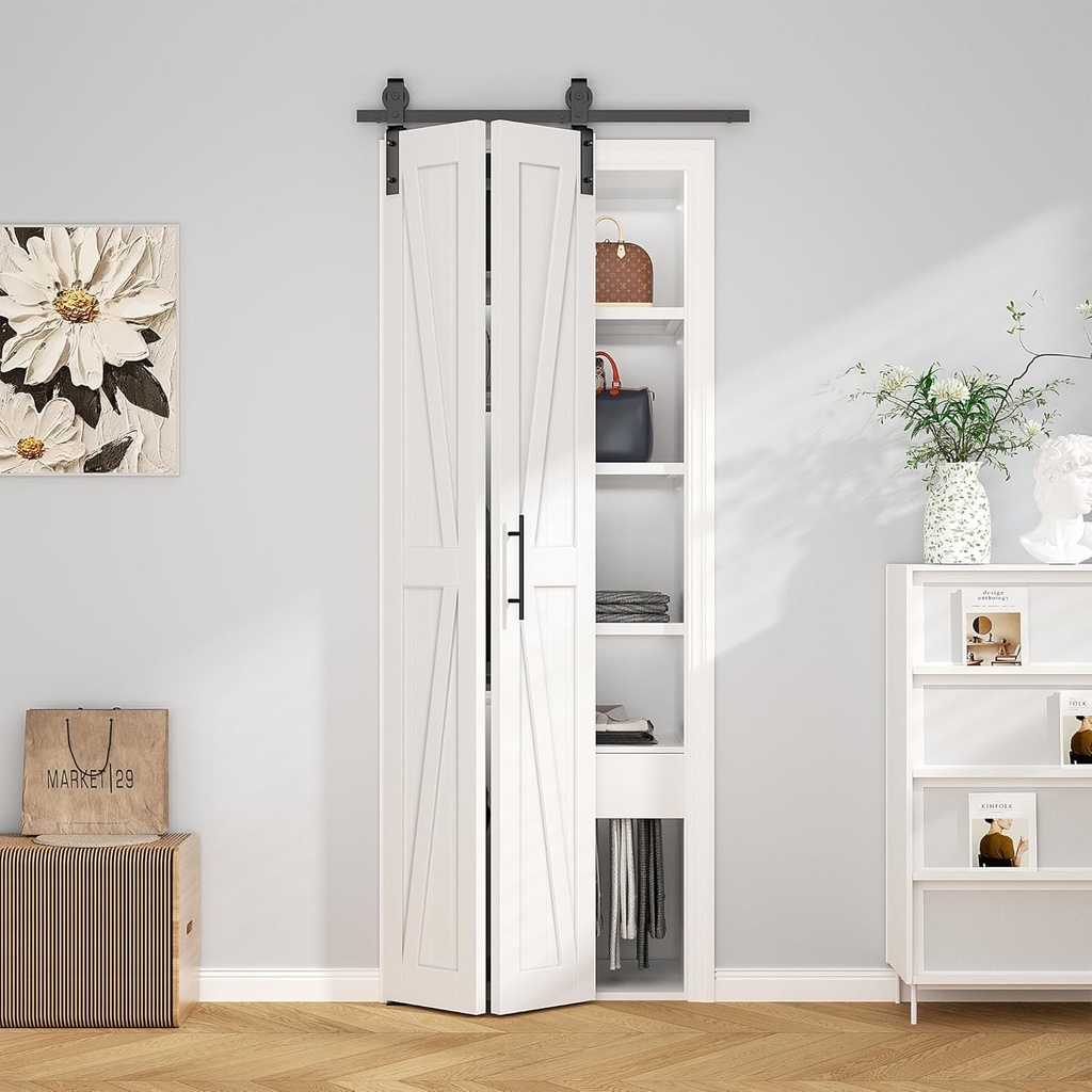 ROOMTEC 24"x84" Solid Pine Bi-Fold Closet Door, White Finish Folding Interior Door, Pre-Assembled, with Track Hardware, for Bedroom, Wardrobe, Laundry Room