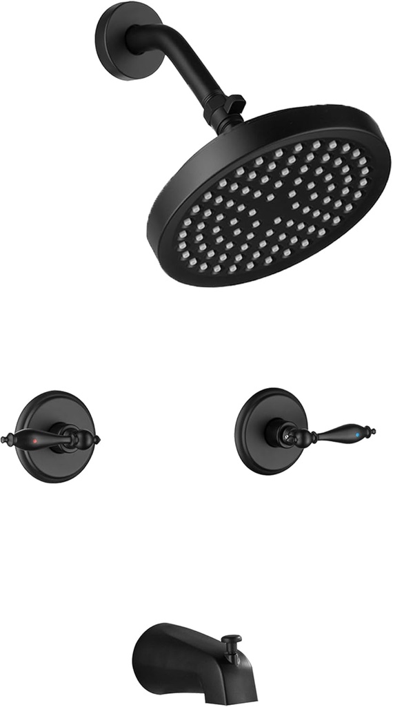 LIWEIKE 2 Handle Shower Faucet Set, Matte Black Shower Faucet Set 2 Knobs Wall Mounted Two Handle Shower Faucet with Tub Spout Rough-in Valve