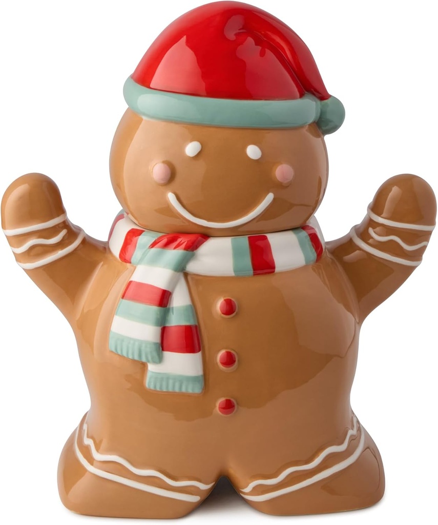 Christmas Whimsy Gingerbread 3-D Cookie Jar – Holiday Ceramic Treat Jar with Smiling Gingerbread Wearing Red Hat & Scarf – Airtight Storage for Cookies, Candies & Festive Kitchen Decor