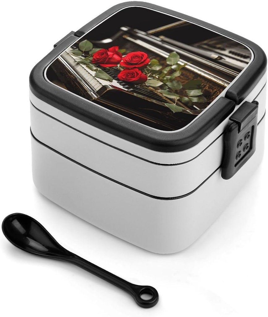 Red Rose on Piano Bento Box Adult Lunch Box All-in-One Lunch Containers with Removable Compartments Double Layer Bento Lunch Box with Spoon And Handle Stackable Lunchbox