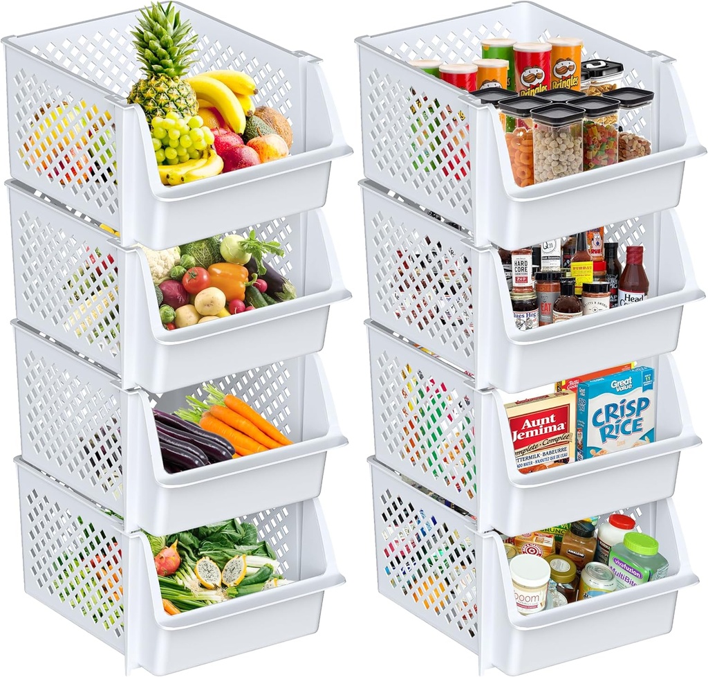 TidyFriend Stackable Storage Bins for Pantry - 8 Pack Stackable Bins for Organizing Food, Kitchen, and Bathroom Essentials (White)