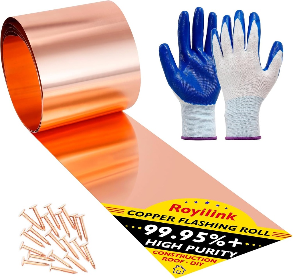 Copper Flashing Roll - 26 Gauge (0.016'/0.4mm) Thickness, 6in x 10ft, ASTM B152 99.95%+ Pure Copper, Roofing & DIY Project