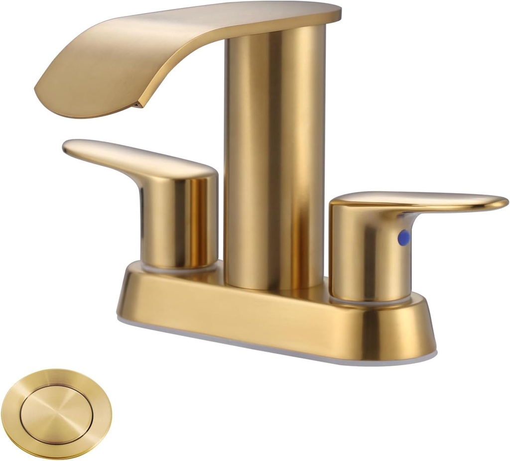 WOWOW Waterfall Bathroom Sink Faucet,Gold Two Handles Bathroom Faucet with Metal Pop up Sink Drain Stopper, 2 or 3 Holes Bathroom Basin Lavatory Mixer Tap with Deck Mount Plate