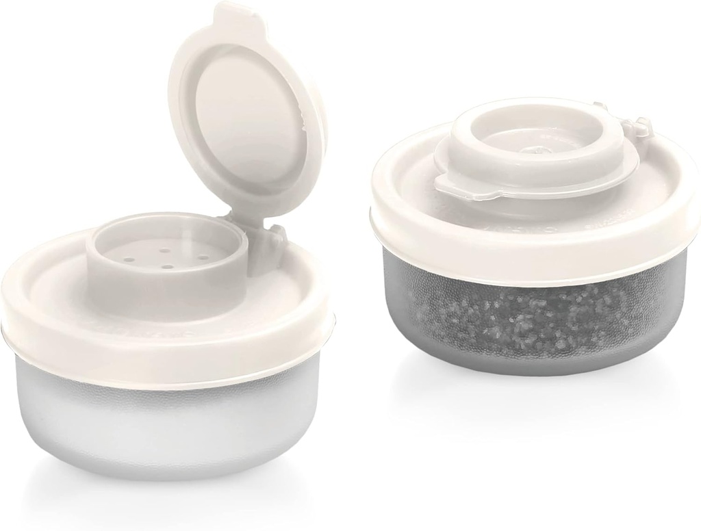 SIGNORAWARE Salt and Pepper Shakers Moisture Proof Set of 2 Small Mini Salt Shaker to go Camping Picnic Outdoors Kitchen Lunch Boxes Travel Spice set Clear with White Covers Plastic Airtight Dispenser