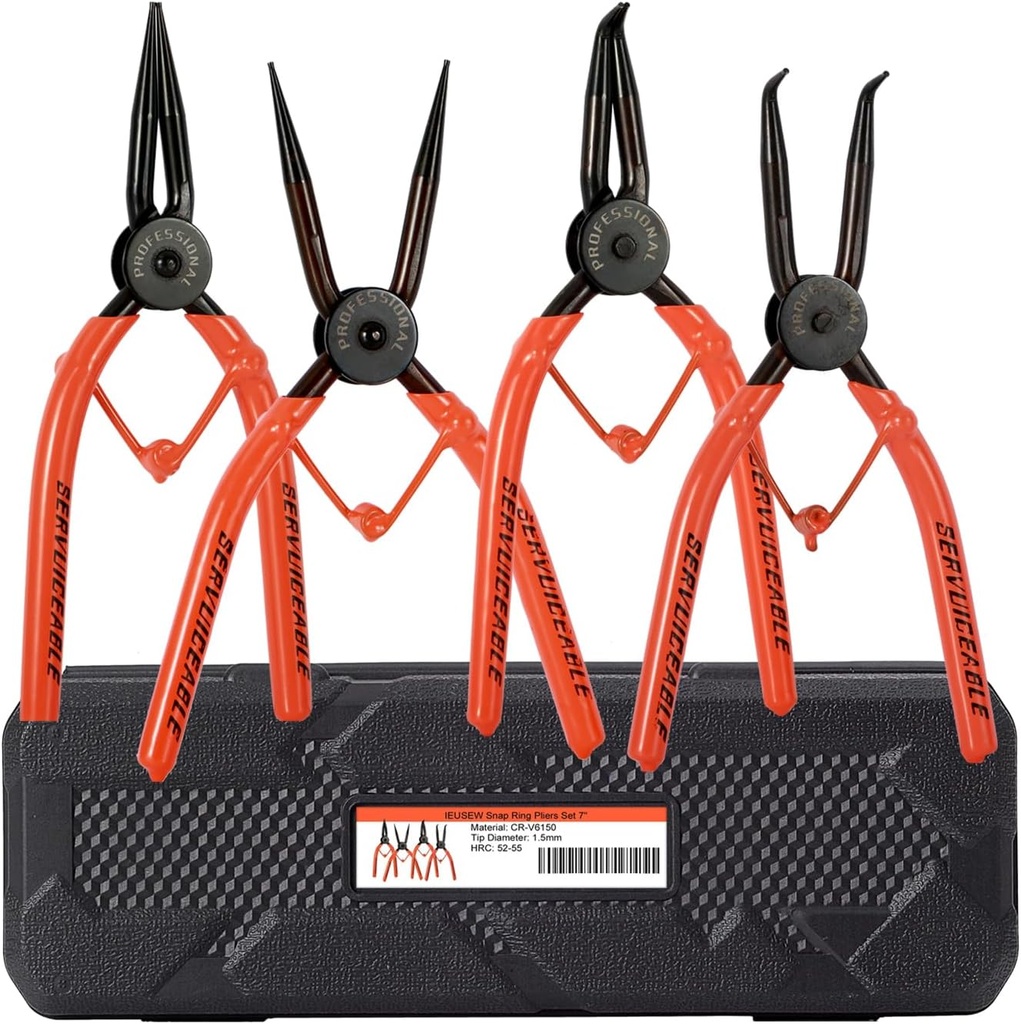 7-inch Snap Ring Pliers Set, 4-piece Heavy Duty Internal/External Circlip Pliers Kit (Tip Diameter 1.5mm), Straight/Bent Jaw, Cr-v Steel, for Ring Remover Retaining, Storage Case Included.