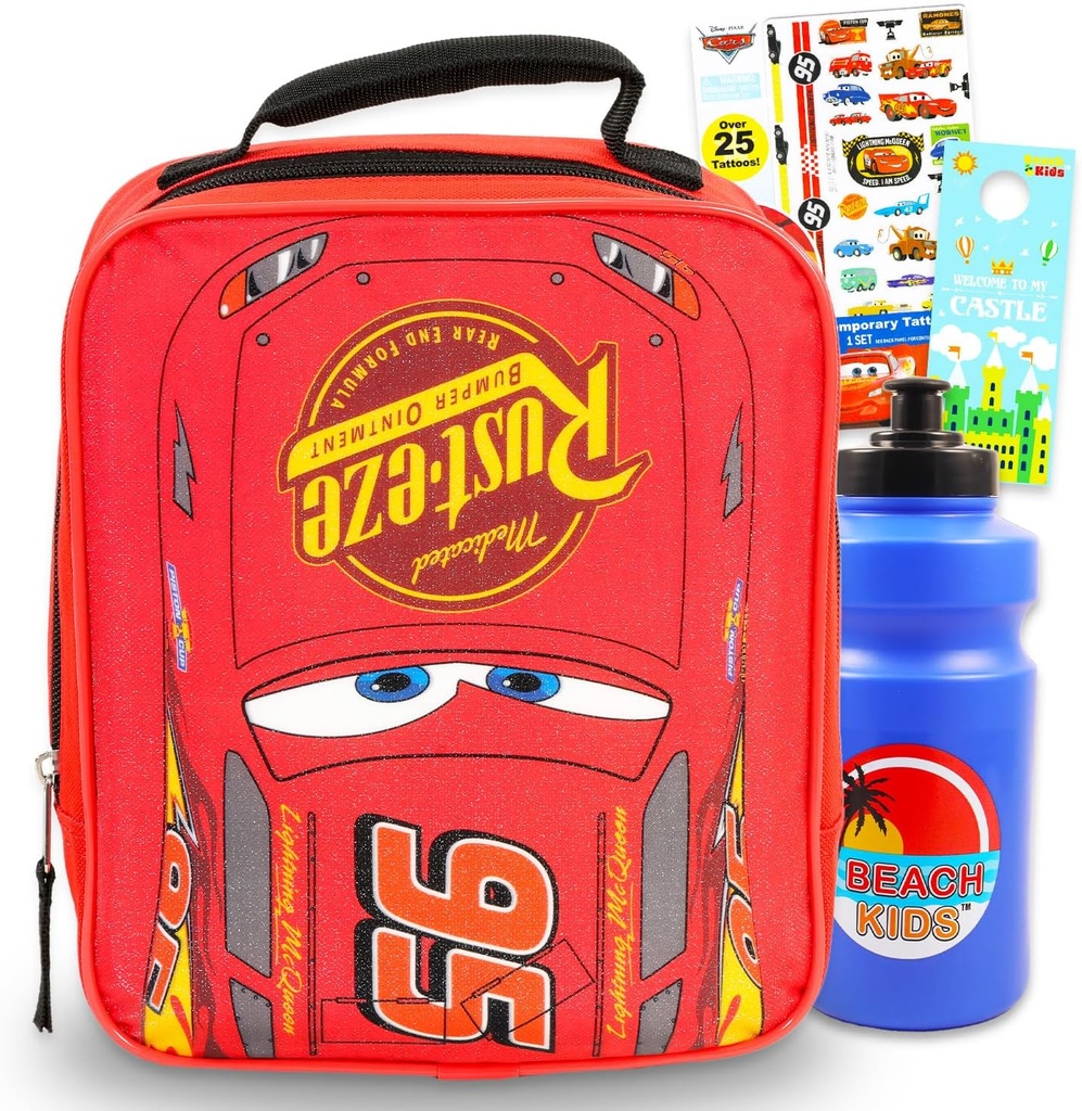 Disney Cars Lunch Box for Boys, Kids - Bundle with Insulated Lightning McQueen Lunch Bag Plus Tattoos, Water Bottle, Tattoos, More | Disney Cars School Supplies Set