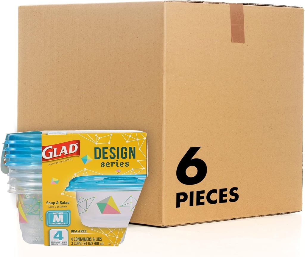 Glad GladWare Design Series Food Storage Containers - Medium Rectangle - Meal Container Holds up to 24 Ounces of Food - Lock Tight Seal, 4 Count - 6 Pack