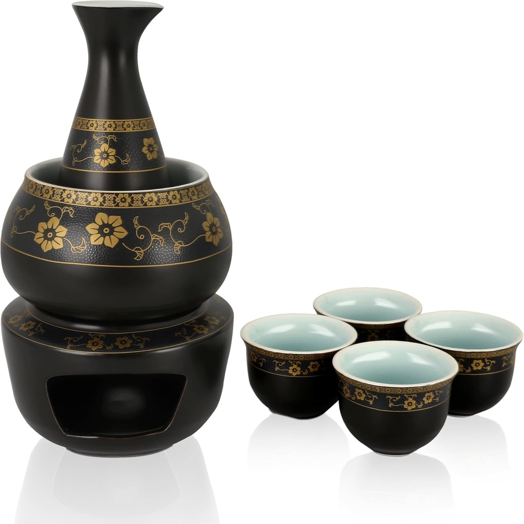 Janpanese Sake Set with Wamer, Ceramic 7pcs Sake Set with 1 Sake Carafe 4 Sake Cups 1 Sake Warmer 1 Candle Stove (Black)
