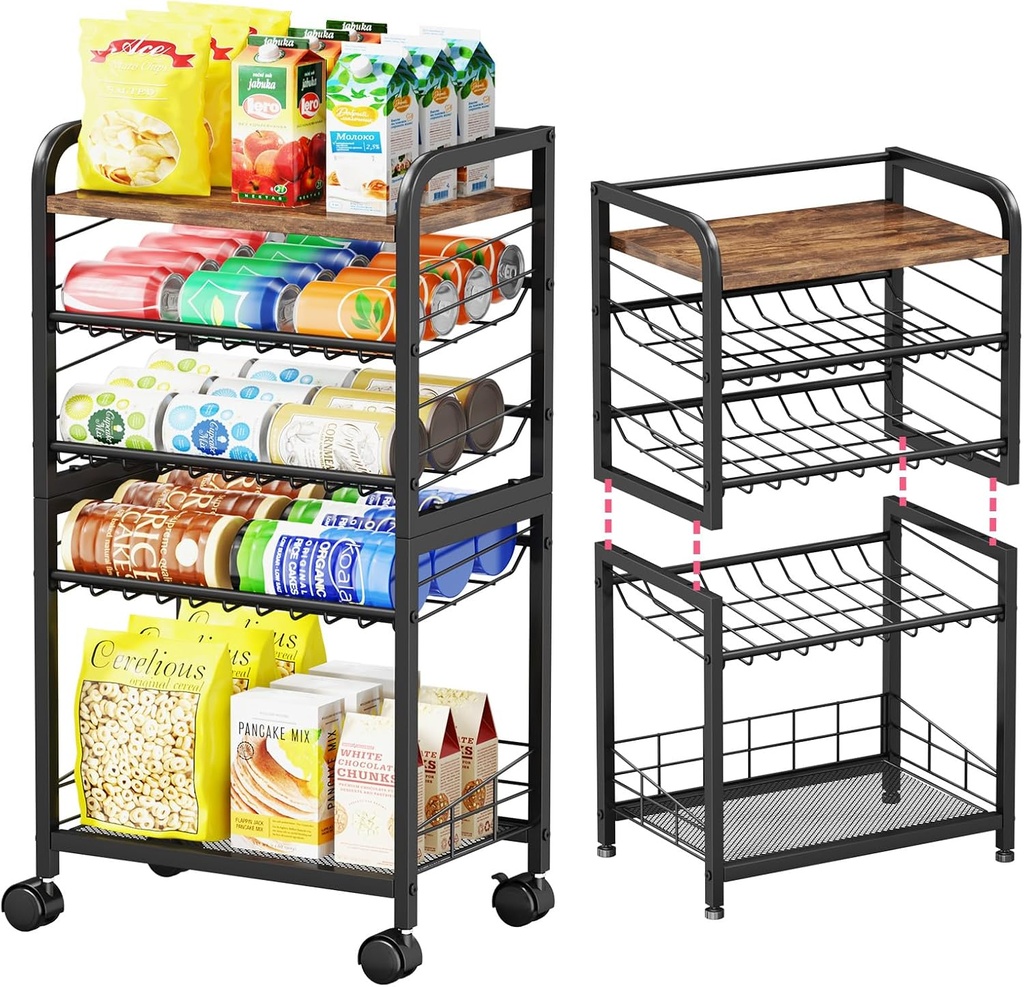 SWTYMIKI Can Organizer for Pantry - Stackable Rolling Snack Cart, Soda Can Organizer, Multi-Functional Shelf with Adjustable Wheels for Kitchen, Office, Living Room, Black