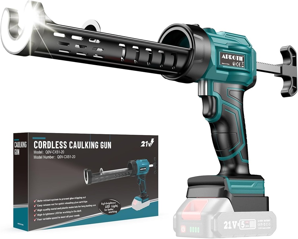 APROTII Electric Caulking Gun Compatible with Makita Battery, Cordless Caulk Gun w/ 4 Adjustable Speeds, LED Light, Drip-Free Adhesive 10OZ Caulk Gun for Filling, Sealing (No Battery) (10 oz)