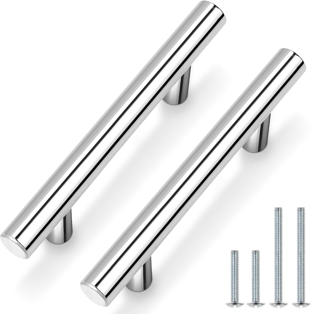 Probrico 10 Pack |3 inch Drawer Pulls Polished Chrome Cabinet Pulls, Euro T bar Cabinet Handles for Bathroom/Bedroom/Kitchen, Stainless Steel Dresser Pulls Hardware, 5" Overall Length