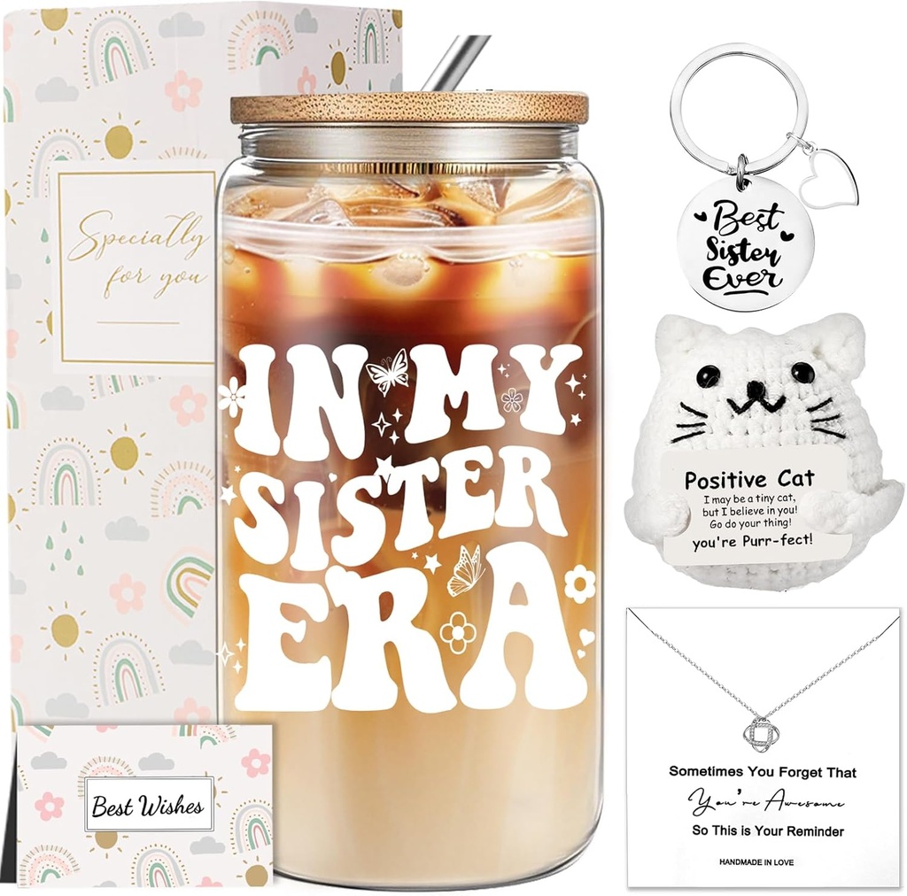 Sisters Christmas Gifts from Sister, Happy Birthday Sister Gifts, Unique Friendship Gift Set with 16oz Glass Cup for BFF Grandma Mom Daughter Teacher