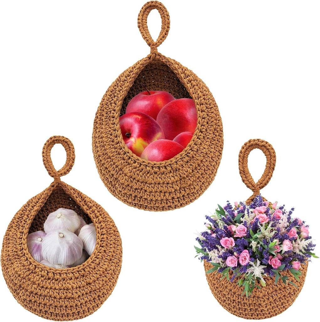 Teardrop Hanging Baskets for Kitchen, Jute Hanging Fruit Baskets Boho Wall Hanging Storage Jute Basket Handwoven Pantry Baskets for Fruit, Vegetable, Potato,Onion, Plante, Set of 3 Sizes (S M L)