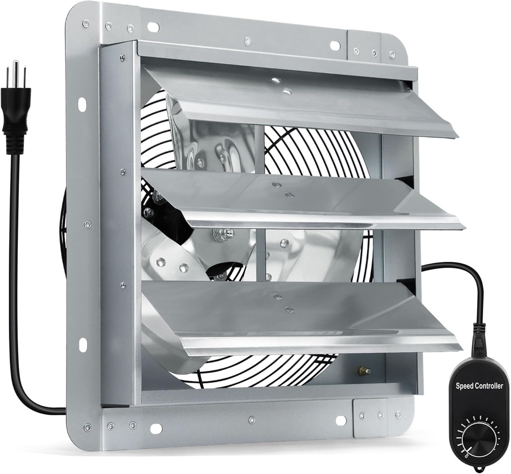 14 Inch Shutter Exhaust Fan with Speed Controller and Power Cord, High Power Wall Mount Attic Fan for Greenhouses, Sheds, Garages, Chicken Coops, Barns Ventilation, 1088 CFM