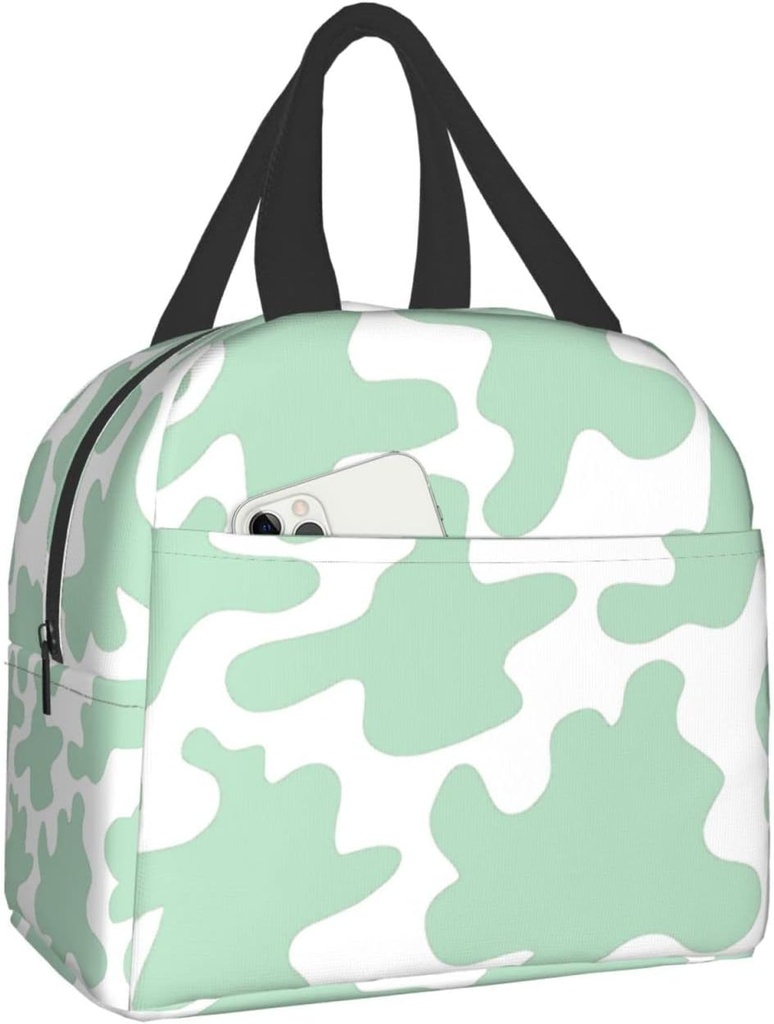 Mint Green Cow Lunch Box, Insulation Lunch Bag for Women Men, Reusable Lunch Tote Bags Perfect for Office Camping Hiking Picnic Beach Travel