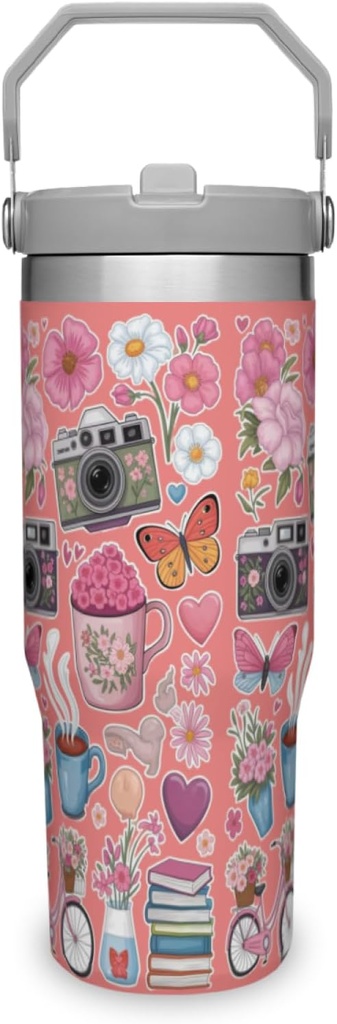 Retro 30 oz Floral Y2K Tumbler Bike with lid and Straw,Holiday Leak Proof Insulated Coffee Travel Mug Cup Water Botter for Home,Office, Birthday Gifts for Women,Men(Light Coral)