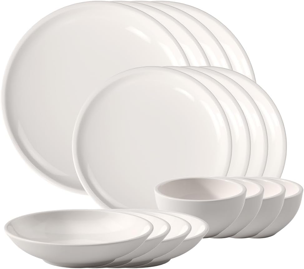 Villeroy & Boch Artesano Original 16-Piece Dinnerware Set, Service for 4, Dinner and Salad Plates, Pasta and Rice Bowls, Premium Porcelain, Made in Germany, Microwave and Dishwasher Safe, Creamy White