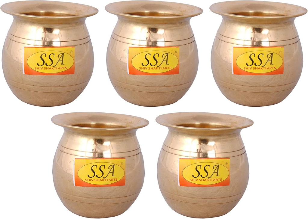 Shiv Shakti Arts Pure Brass Small Mini Pooja Kalash | Lota | Jal Patra | Worship Glass Set, Religious Spiritual Item, Home Temple Mini - 100 ML, Set of 5