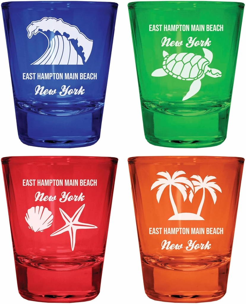 R and R Imports East Hampton Main Beach New York Souvenir 4-Pack Multicolor Engraved Round Shot Glasses Beach Set