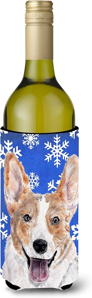 Caroline's Treasures SC9768LITERK Cardigan Corgi Winter Snowflakes Wine Bottle Hugger Bottle Cooler Sleeve Hugger Machine Washable Collapsible Insulator Beverage Insulated Holder