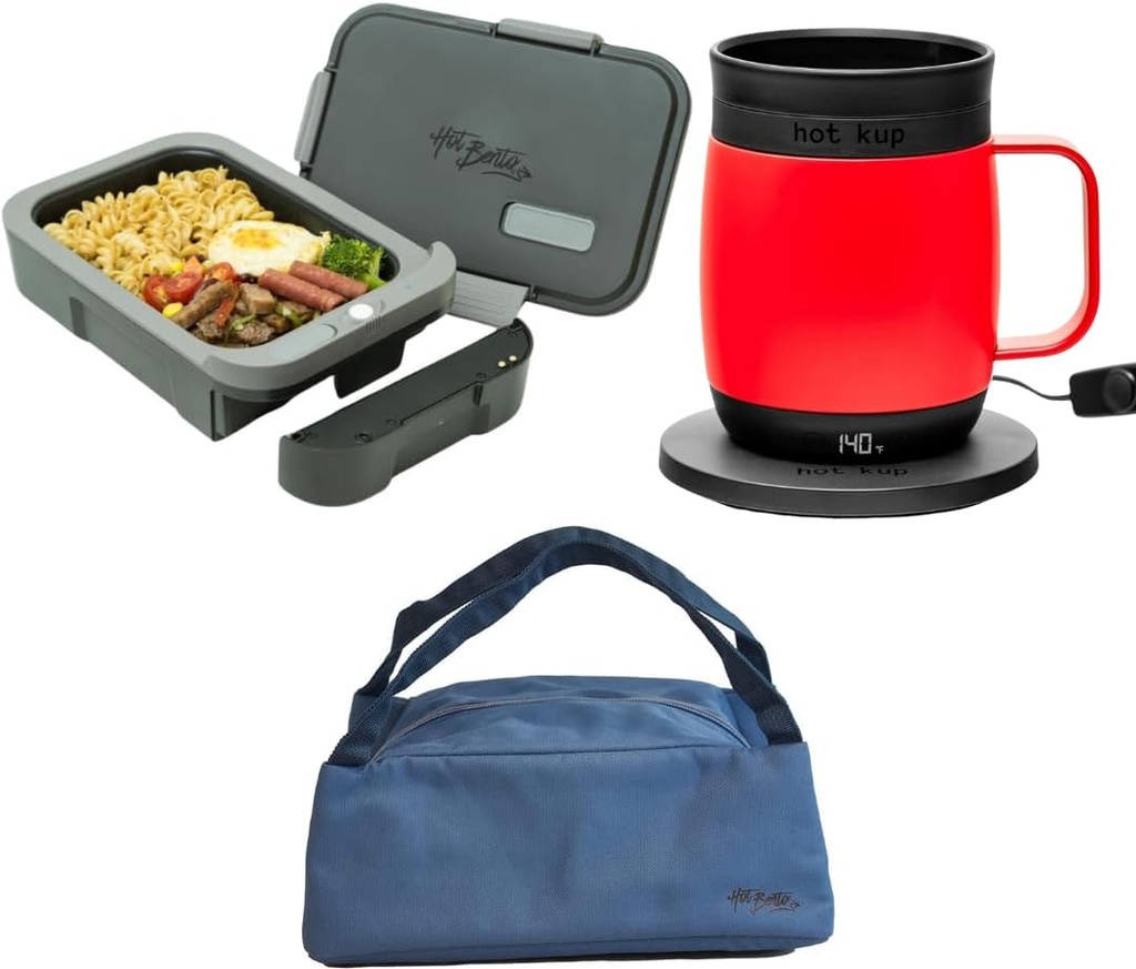 Hot Bento Plus & Kup Gift Bundle with Insulated Tote Bag - Self Heated Lunch Box and Heated Coffee Mug Removeable Battery Powered, Portable, Hot Meals and Drink for Office, Travel, Meal Prep