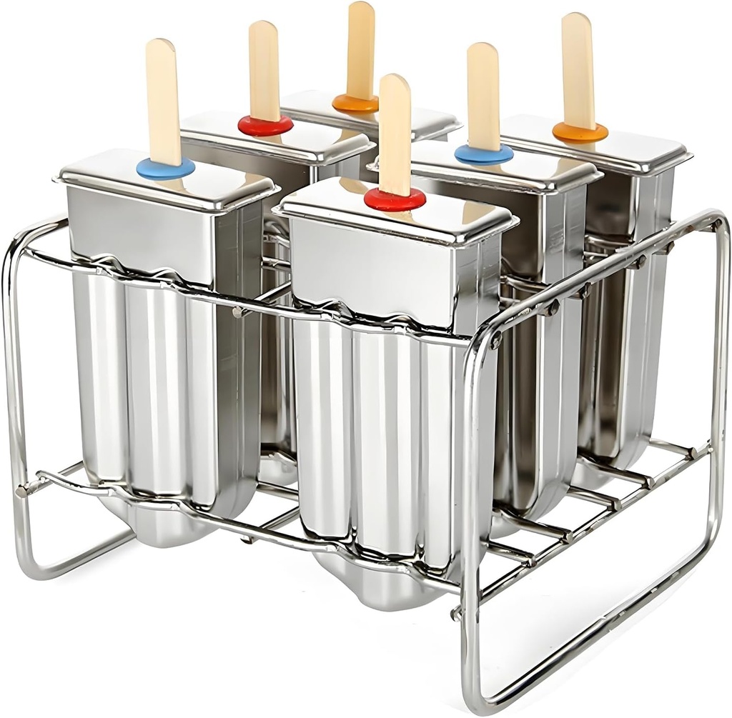 Stainless Steel Popsicle Molds, Set of 6 Ice Cream Maker, Ice Pop Molds With Holder, Metal Reusable Homemade Popsicle Molds with Sticks and Bags (Round Head, with Slot)