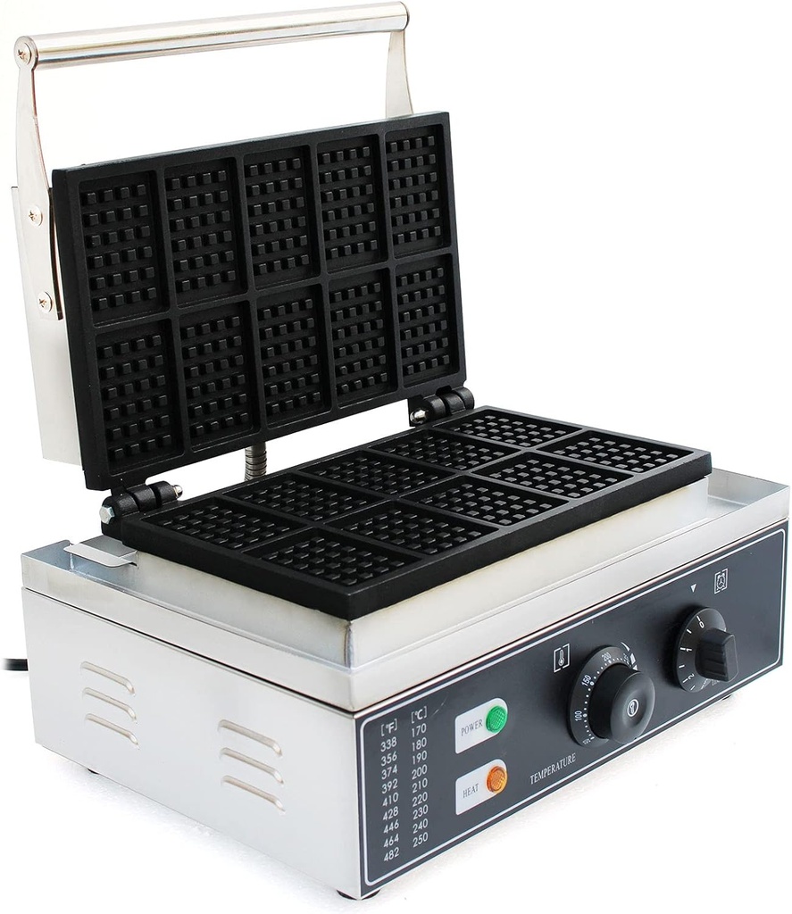 Commercial Rectangle Waffle Maker 110V Electric Stainless Steel Waffles Maker 1500W Temperature and Time Control 10pcs Waffle Maker Baker Machine Suitable for Restaurant Snack Bar, silver