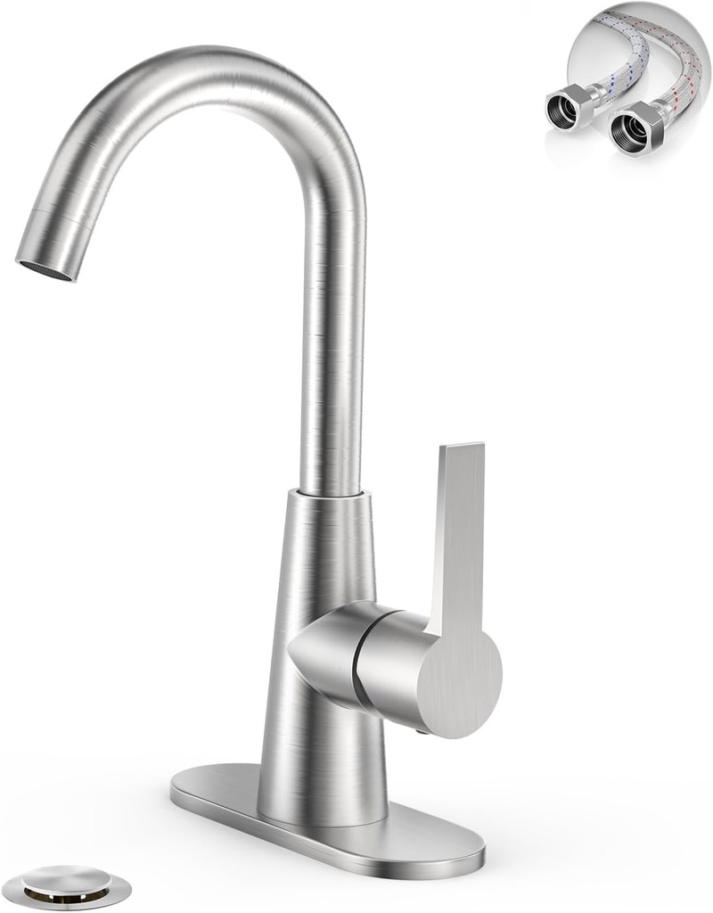 Phiestina Single Hole Brushed Nickel Bathroom Sink Faucet/Bar Sink/Pre-Kitchen Sink Faucet with 4 Inch Deck Plate,Drain and Supply Hoses, WE10-BN