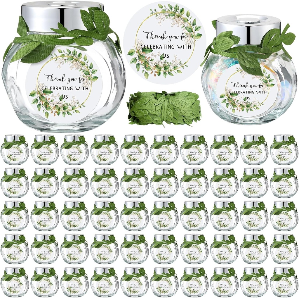 50 Pcs 1.5 oz Mini Glass Jars with Lids Small Honey Candy Jar Party Favor Green Leaf Ribbon and Labels Tiny Mason Candy Containers for Wedding Favor Bridal Baby Shower Gift Spice Honey Sugar Herb