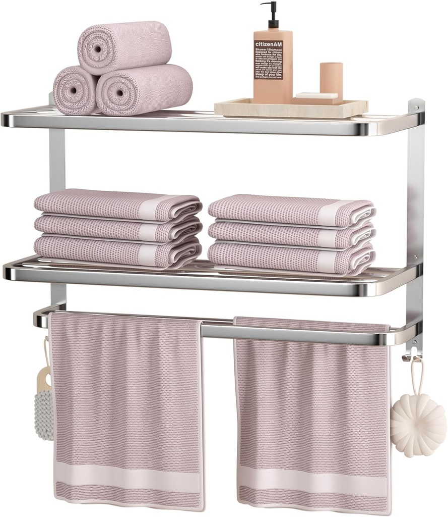 Generic NICETAKU 23inch 3-Tier Towel Racks for Bathroom with Shelf, Multilayer Hotel Towel Holder with Hooks, Stainless Steel Wall-Mounted Brushed Finish Towel Bars, Silver