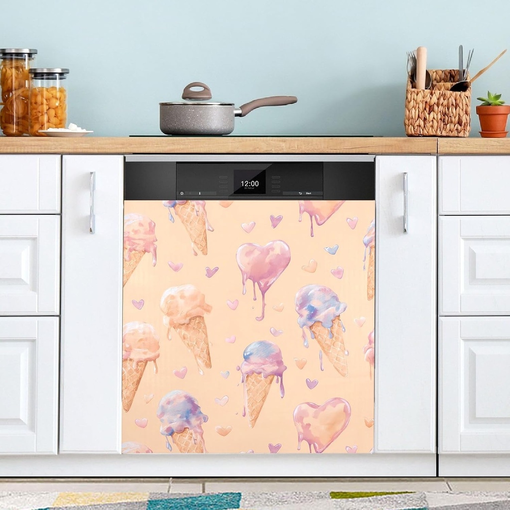 Dishwasher Magnet Cover Sweet Ice Cream Decorative Dishwasher Magnetic Sticker Refrigerator Wash Machine Door Magnets Covers Panel Decal for Home Kitchen,23x26in