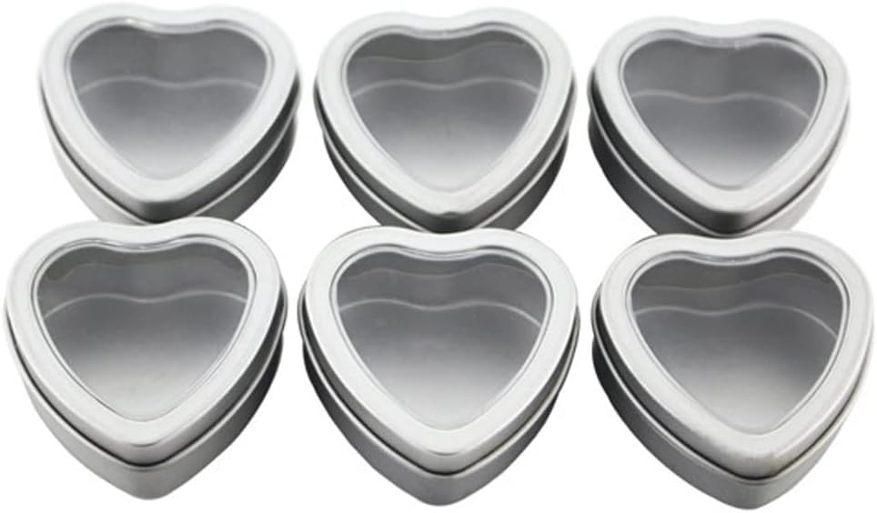 esowemsn 6pcs Metal Tins Heart-shaped Silver Empty Candy Box with Clear Window Lids Storage Candle Making, Candies, Gifts & Treasures for Wedding Party Festival Favors