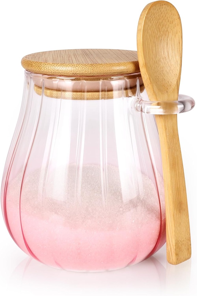 15 oz Pink Sugar Bowl with Bamboo Lid and Spoon,Pink Kitchen Decor and Accessories,Glass Jar with Airtight Lid, Brown Sugar Keeper, Sugar Container for Coffee Bar and office