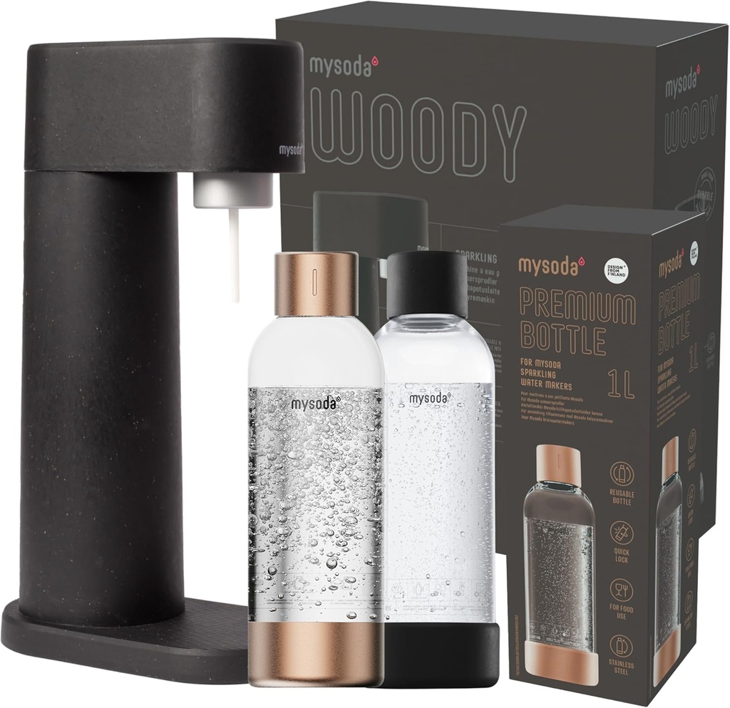 Mysoda Black Woody Sparkling Water Maker - Silent, Renewable Wood Composite Machine with 2x1L Quick Lock Water Bottles