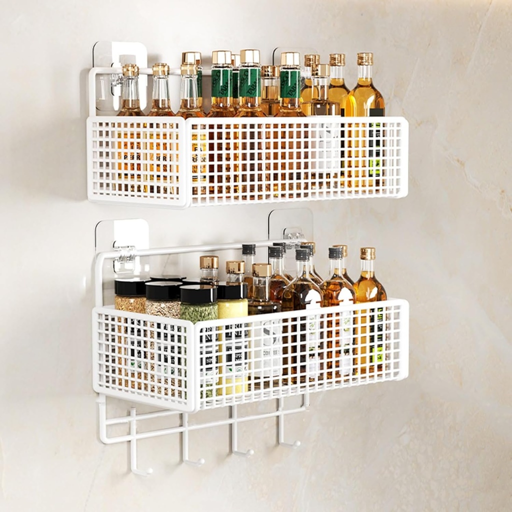 Double layer wall mounted storage room rack, kitchen and bathroom wall hanging basket, wire fruit and vegetable basket(White,36cm)