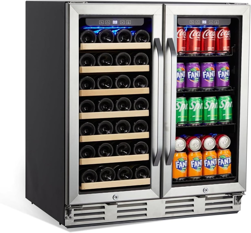 Safe Installation Dual Zone Wine Cooler Refrigerator, 33 Bottles & 96 Cans, Removable Wooden Shelves, Blue Light Protection Lamp, Energy-Saving, Quiet Operation, Under Counter Wine Cellar