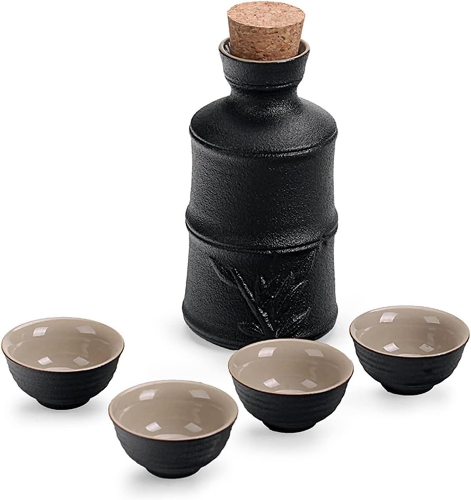 5 Pieces Sake Set, Traditional Retro Black Ceramics Sake Cup Set, with 4 Sake Cups, 1 Sake Pot, 420 ML