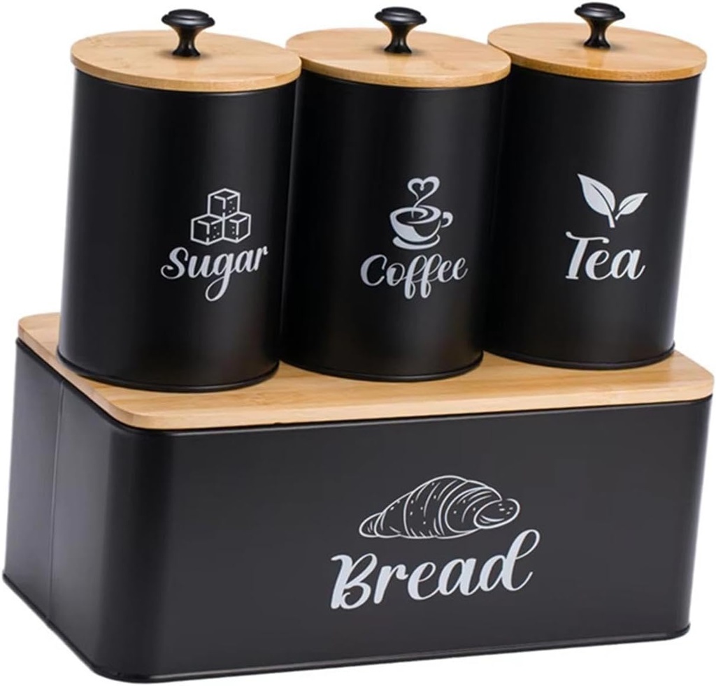 Kitchen Canisters Set Coffee Tea Sugar Storage Kitchenware with Lid Counter Bread Box Food Storage Container for Bakery, Black