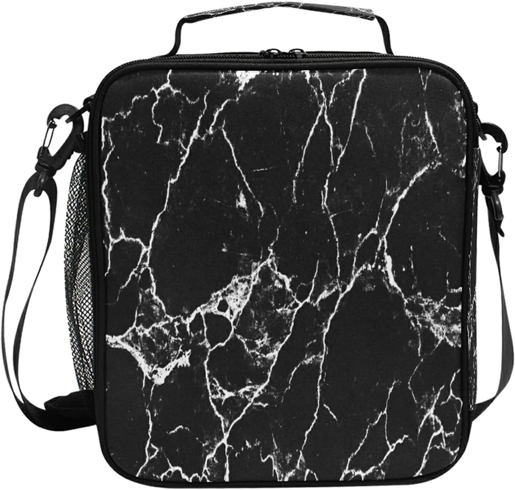 Marble Texture White Black Print Lunch Bag Box for Women Teens Girls Cooler Insulated Lunch Bag Tote Freezable Shoulder Strap Waterproof Picnic Meal for School Office Work