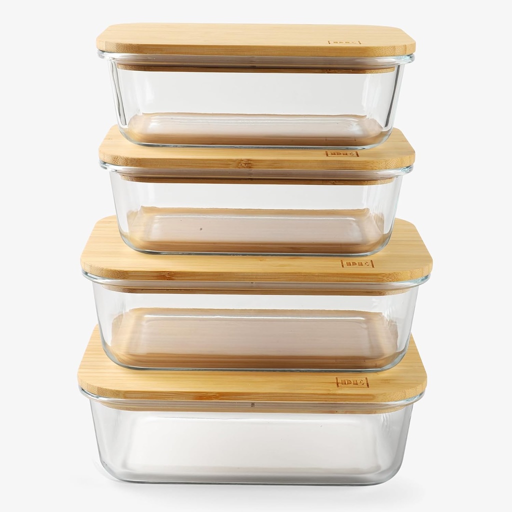 DE Glass Food Storage Containers with Bamboo Lids, (4, Pack 2 x 35oz & 2 x 51oz) Pack Meal Prep Glass Containers Safe for Microwave, Oven, Freezer and Dishwasher, BPA Free