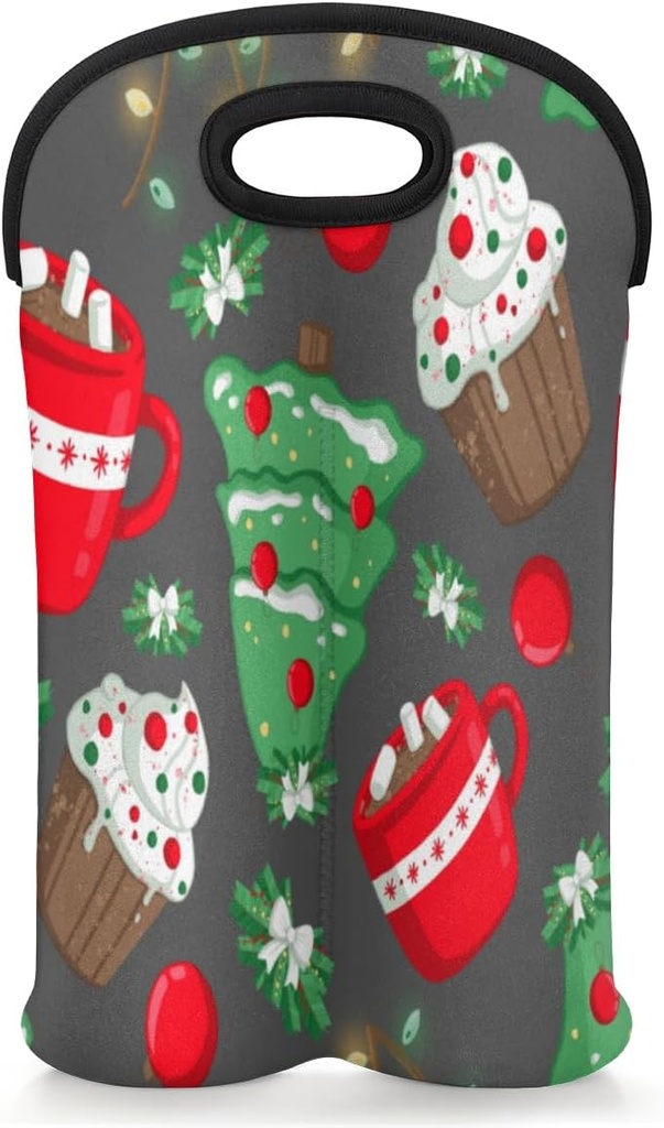 2 Bottle Wine Carrier Tote Bag Christmas Cake Insulated Neoprene Portable Bottle Holder Great Gift for Wine Lover, Great for Picnics Travel BYOB, Outdoor Entertaining
