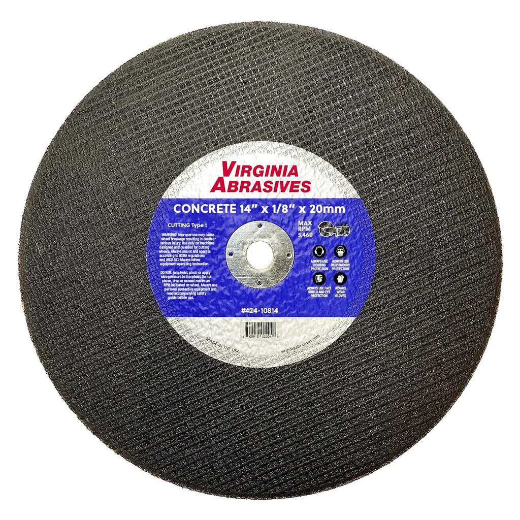 Virginia Abrasives 424-10814 - 10 Pack - 14" x 1/8" x 20mm Reinforced Cut Off Wheel - Premium Concrete Cutting Blade - Gas, Electric Chop Saws - Microfracture Technology - Home Improvement Projects